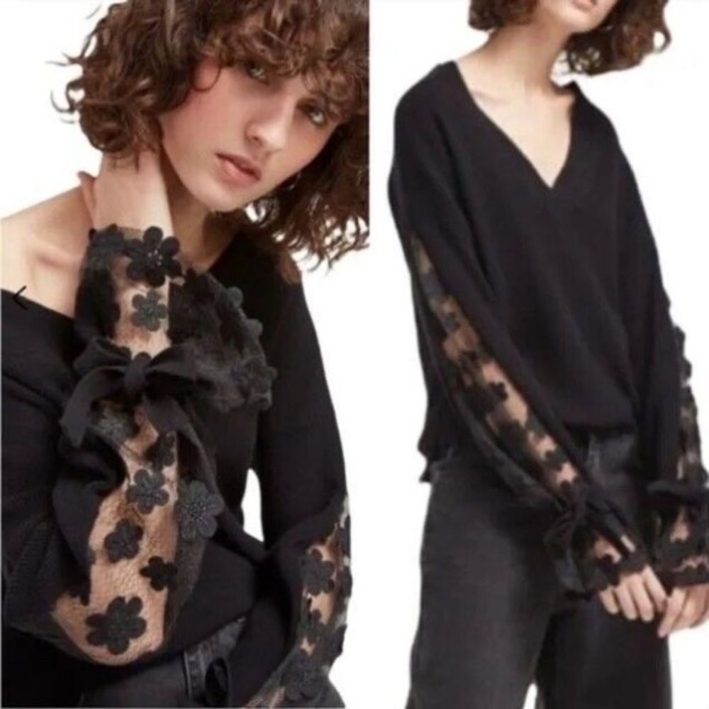 French Connection Black Lace Knit Sweater V-Neck XS